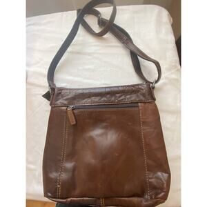 Jack Georges Top Side Entry Brown Leather Crossbody Bag Striped Interior READ